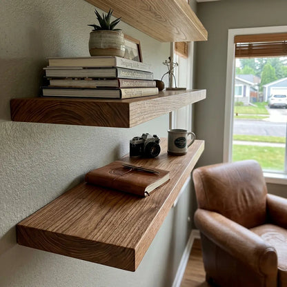 Solid Elm Wood Floating Shelf with Optional LED Light | Live Edge or Straight Edge Wall Shelf