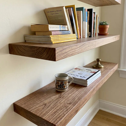 Solid Elm Wood Floating Shelf with Optional LED Light | Live Edge or Straight Edge Wall Shelf