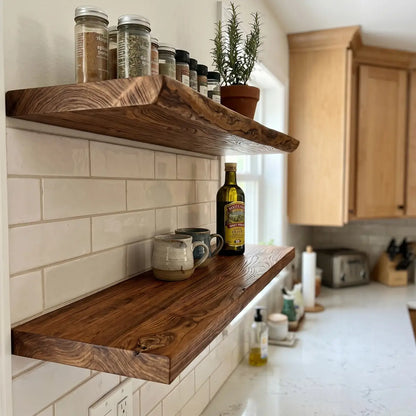 Solid Elm Wood Floating Shelf with Optional LED Light | Live Edge or Straight Edge Wall Shelf