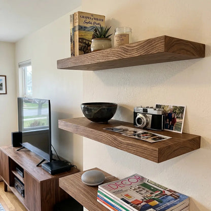 Solid Elm Wood Floating Shelf with Optional LED Light | Live Edge or Straight Edge Wall Shelf