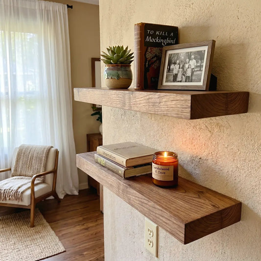 Solid Elm Wood Floating Shelf with Optional LED Light