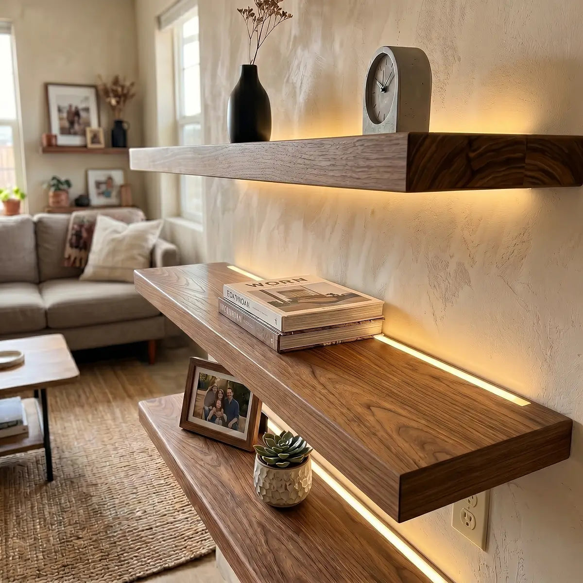 Solid Elm Wood Floating Shelf with Optional LED Light | Live Edge or Straight Edge Wall Shelf