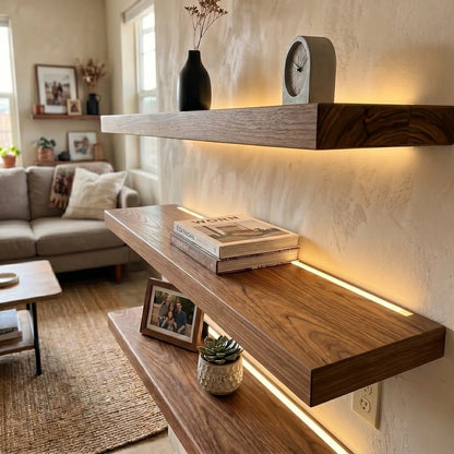 Solid Elm Wood Floating Shelf with Optional LED Light | Live Edge or Straight Edge Wall Shelf