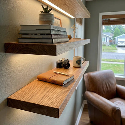 Solid Elm Wood Floating Shelf with Optional LED Light | Live Edge or Straight Edge Wall Shelf