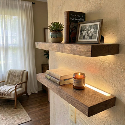 Solid Elm Wood Floating Shelf with Optional LED Light | Live Edge or Straight Edge Wall Shelf
