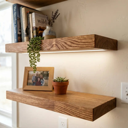 Solid Elm Wood Floating Shelf with Optional LED Light | Live Edge or Straight Edge Wall Shelf