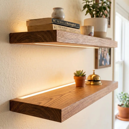 Solid Elm Wood Floating Shelf with Optional LED Light | Live Edge or Straight Edge Wall Shelf