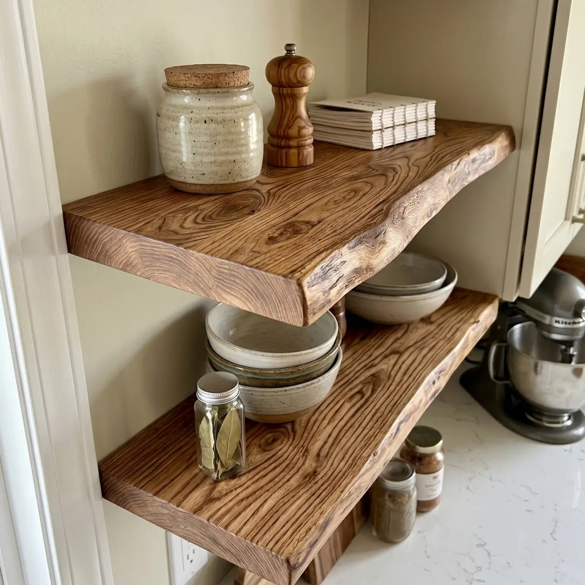 Solid Elm Wood Floating Shelf with Optional LED Light | Live Edge or Straight Edge Wall Shelf