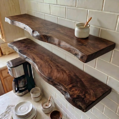 Wall-mounted solid wood live edge floating shelf for home decor display