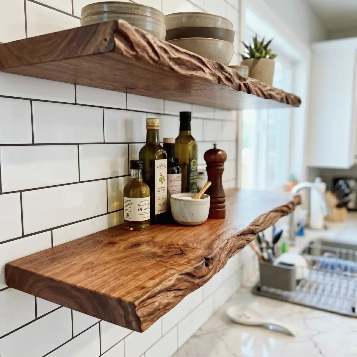 Solid Wood Sculpted "Windswept Wheat" Edge Floating Shelf