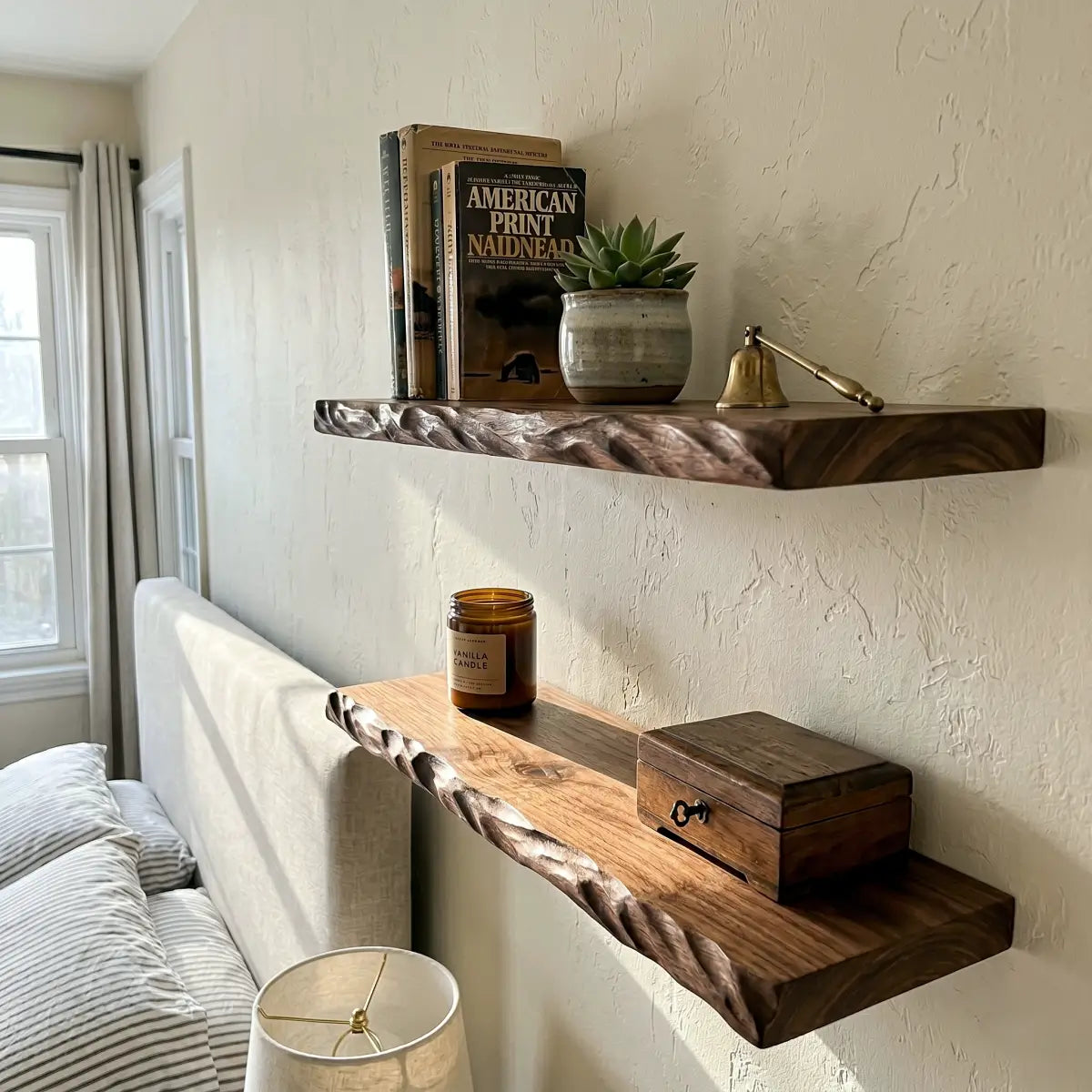 Solid Wood Sculpted "Windswept Wheat" Edge Floating Shelf