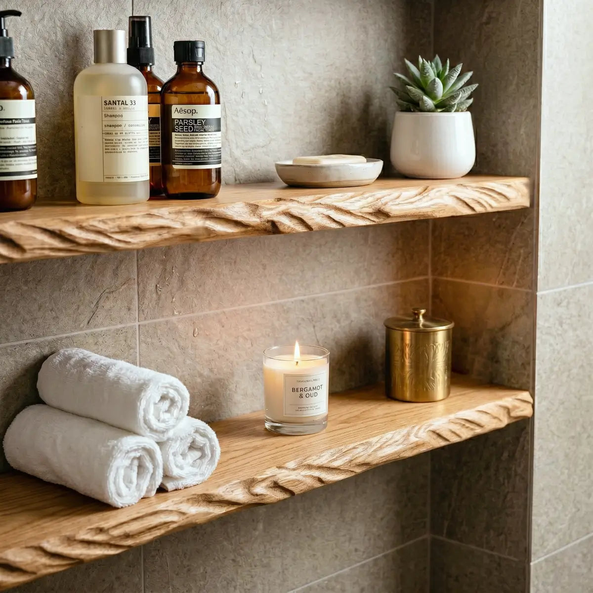 Solid Wood Sculpted "Windswept Wheat" Edge Floating Shelf