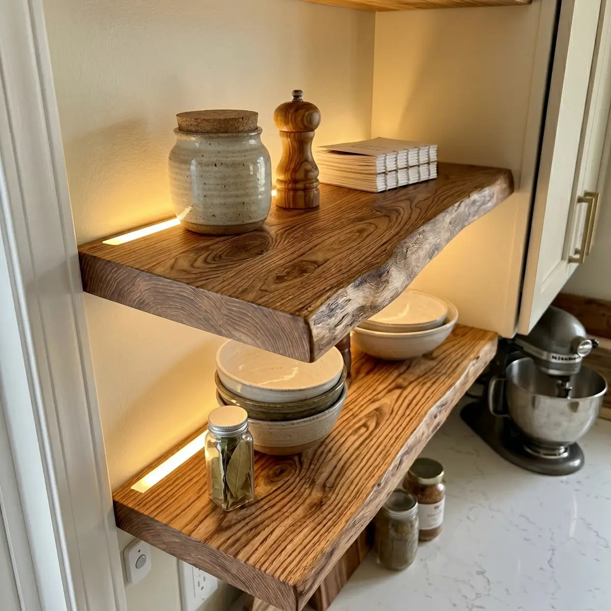 Solid Elm Wood Floating Shelf with Optional LED Light | Live Edge or Straight Edge Wall Shelf