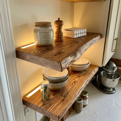 Solid Elm Wood Floating Shelf with Optional LED Light | Live Edge or Straight Edge Wall Shelf