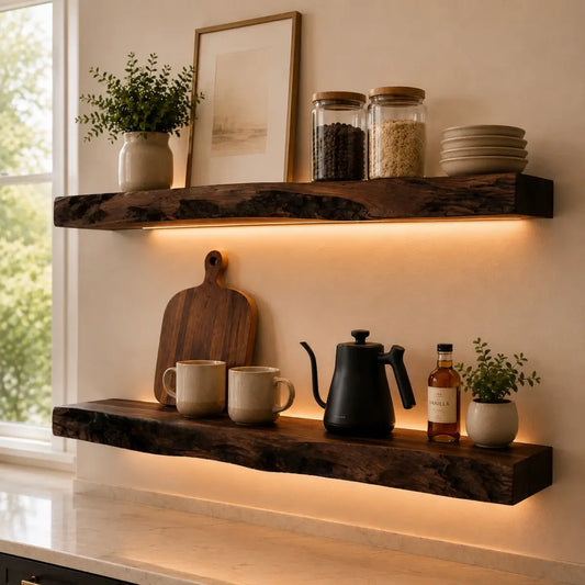 Solid Wood Live Edge Floating Shelf with LED Light