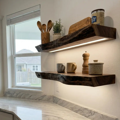 Solid Wood Live Edge Floating Shelf with Hardwired LED Light