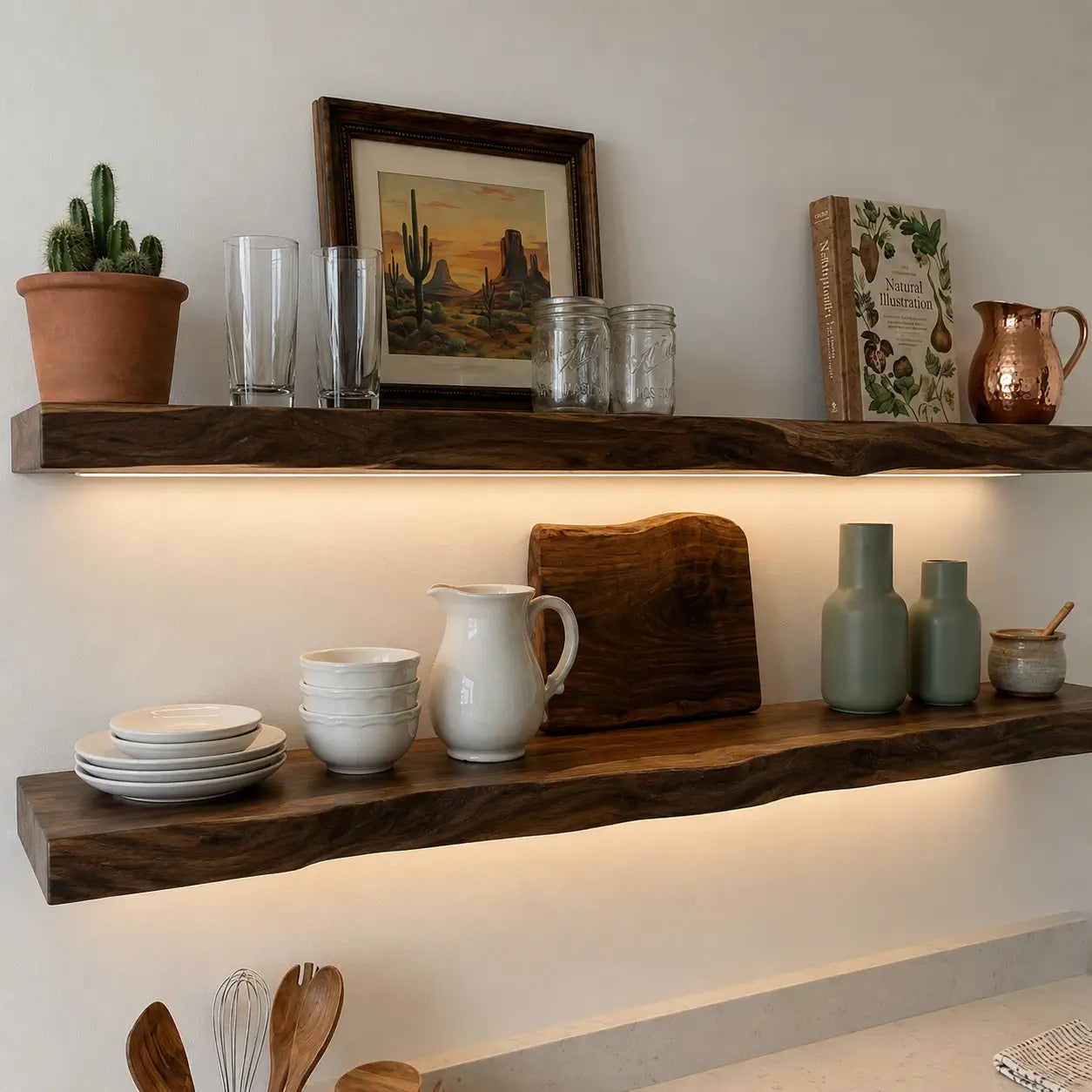 Solid Wood Live Edge Floating Shelf with Hardwired LED Light