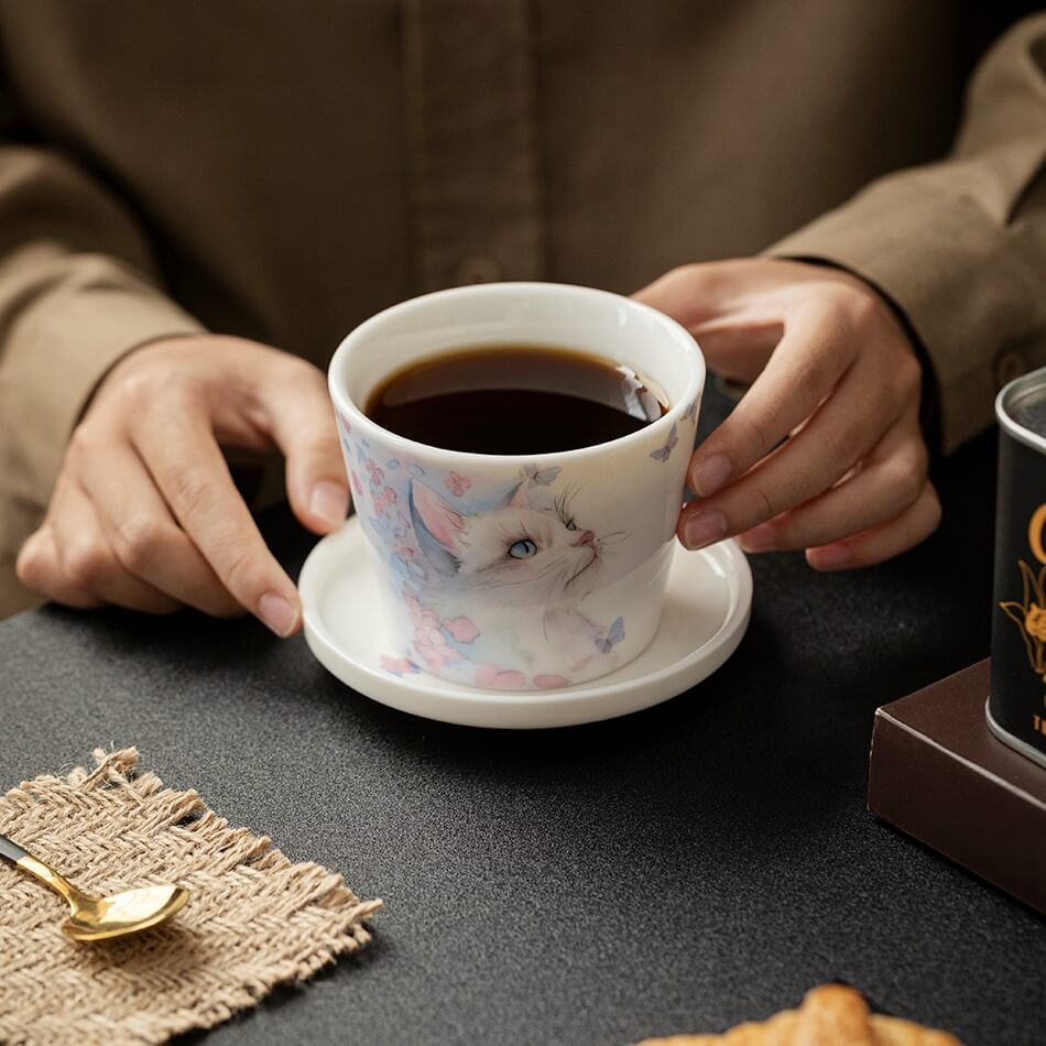 Hand-Painted Cat Coffee Cup & Saucer