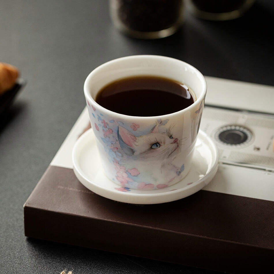 Hand-Painted Cat Coffee Cup & Saucer