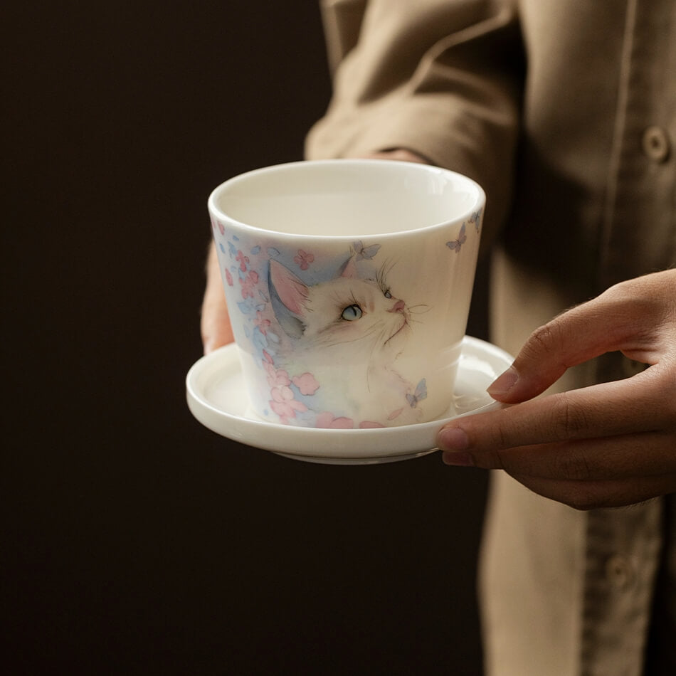 Hand-Painted Cat Coffee Cup & Saucer