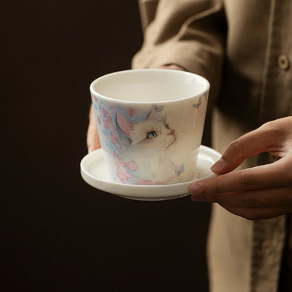 Hand-Painted Cat Coffee Cup & Saucer