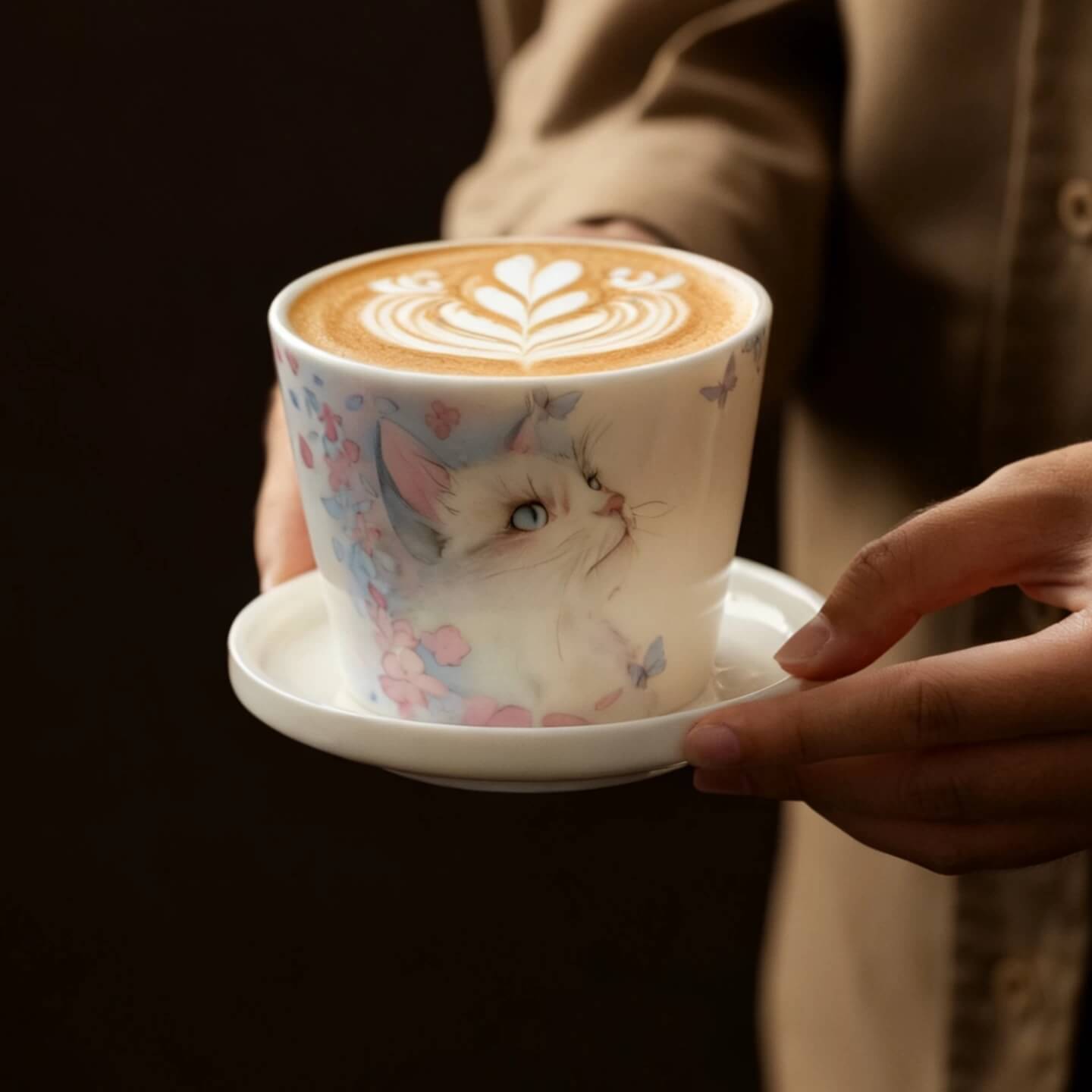 Hand-Painted Cat Coffee Cup & Saucer