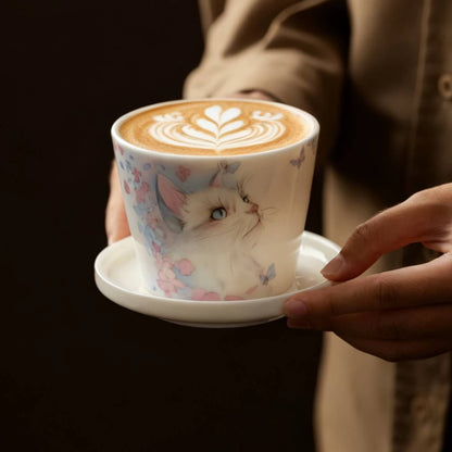 Hand-Painted Cat Coffee Cup & Saucer