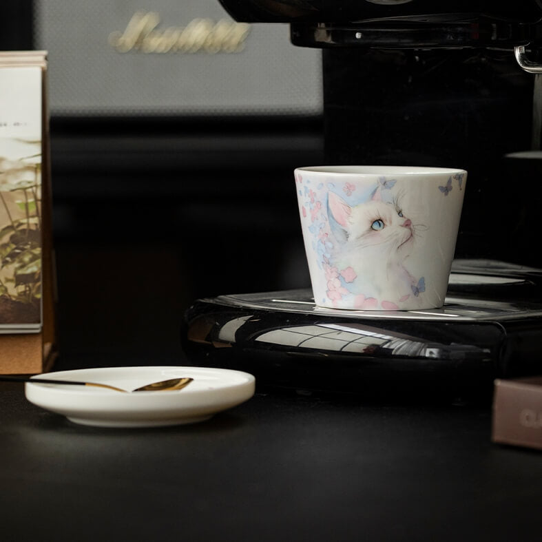 Hand-Painted Cat Coffee Cup & Saucer