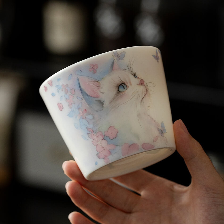 Hand-Painted Cat Coffee Cup & Saucer