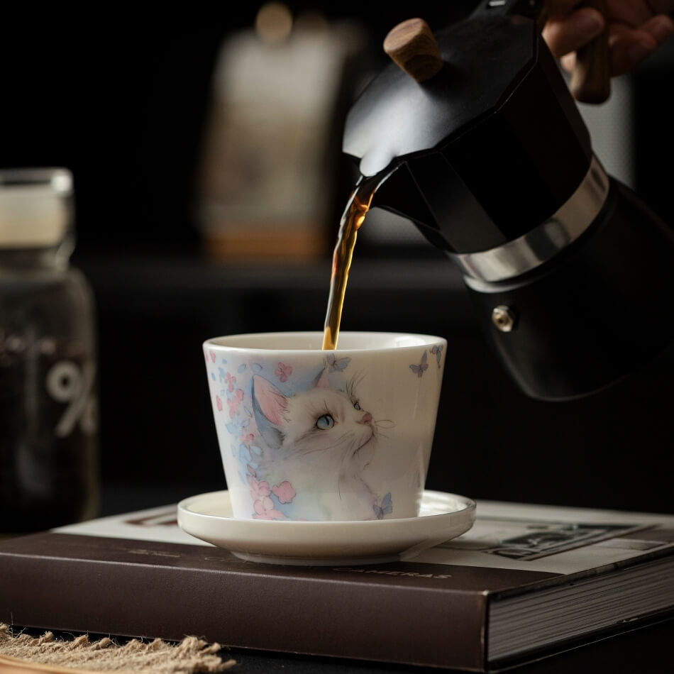 Hand-Painted Cat Coffee Cup & Saucer