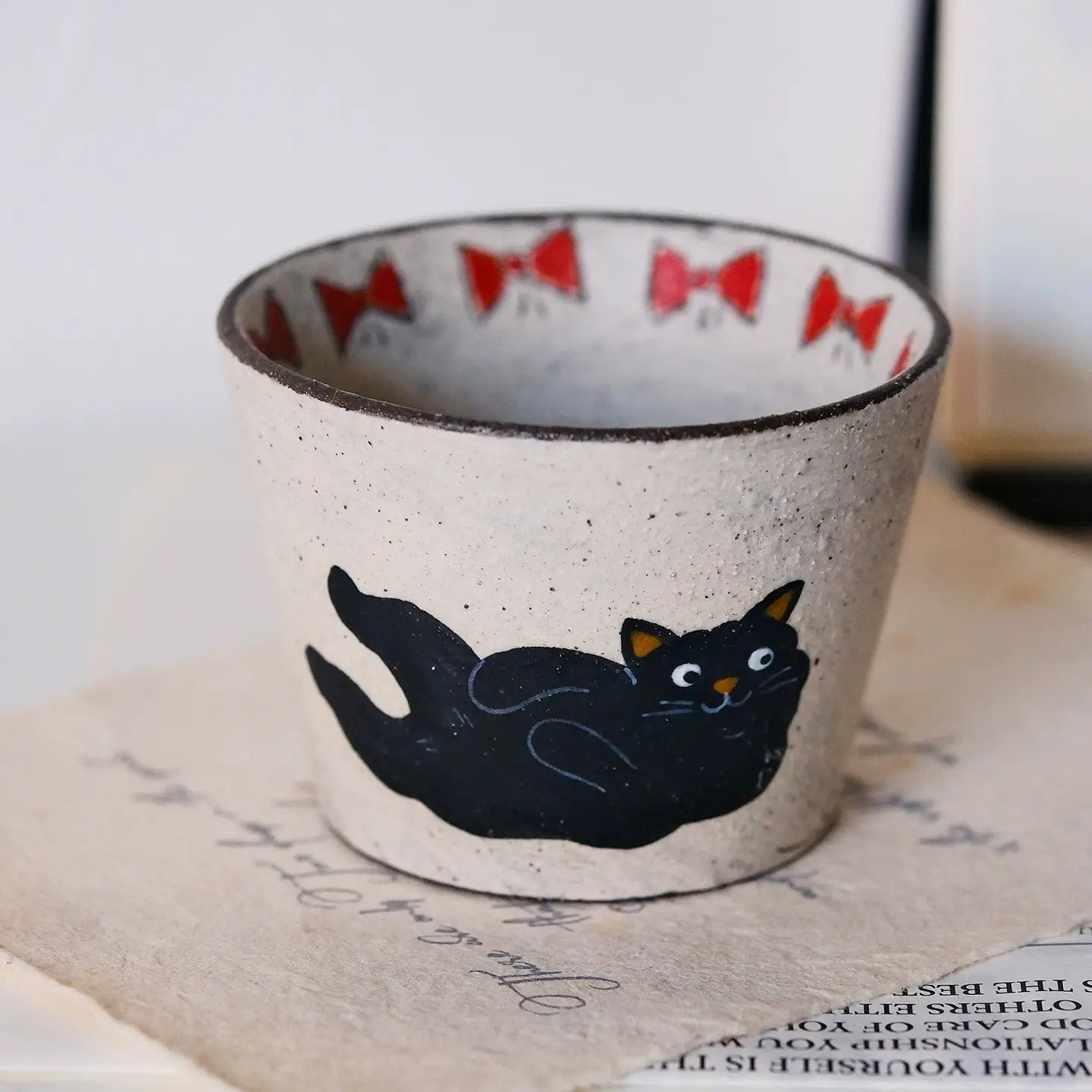 Handcrafted Black Cat Ceramic Cup / Mug — Vintage Brushwork & Textured Pottery