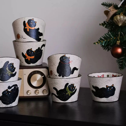 Handcrafted Black Cat Ceramic Cup / Mug — Vintage Brushwork & Textured Pottery