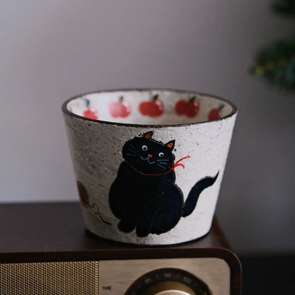 Handcrafted Black Cat Ceramic Cup / Mug — Vintage Brushwork & Textured Pottery