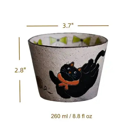 Handcrafted Black Cat Ceramic Cup / Mug — Vintage Brushwork & Textured Pottery