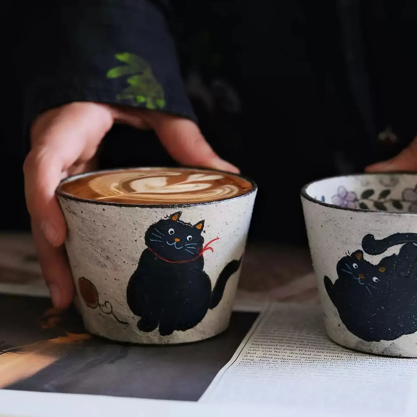 Handcrafted Black Cat Ceramic Cup / Mug — Vintage Brushwork & Textured Pottery