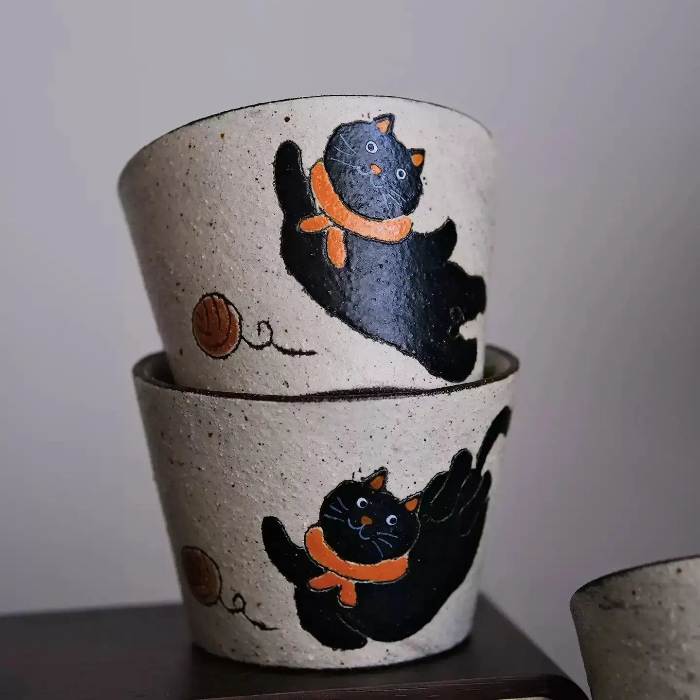 Handcrafted Black Cat Ceramic Cup / Mug — Vintage Brushwork & Textured Pottery