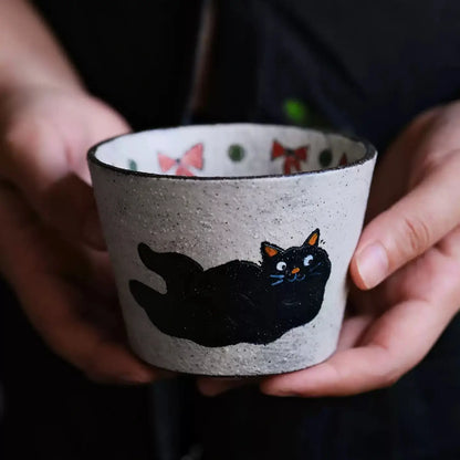 Handcrafted Black Cat Ceramic Cup / Mug — Vintage Brushwork & Textured Pottery