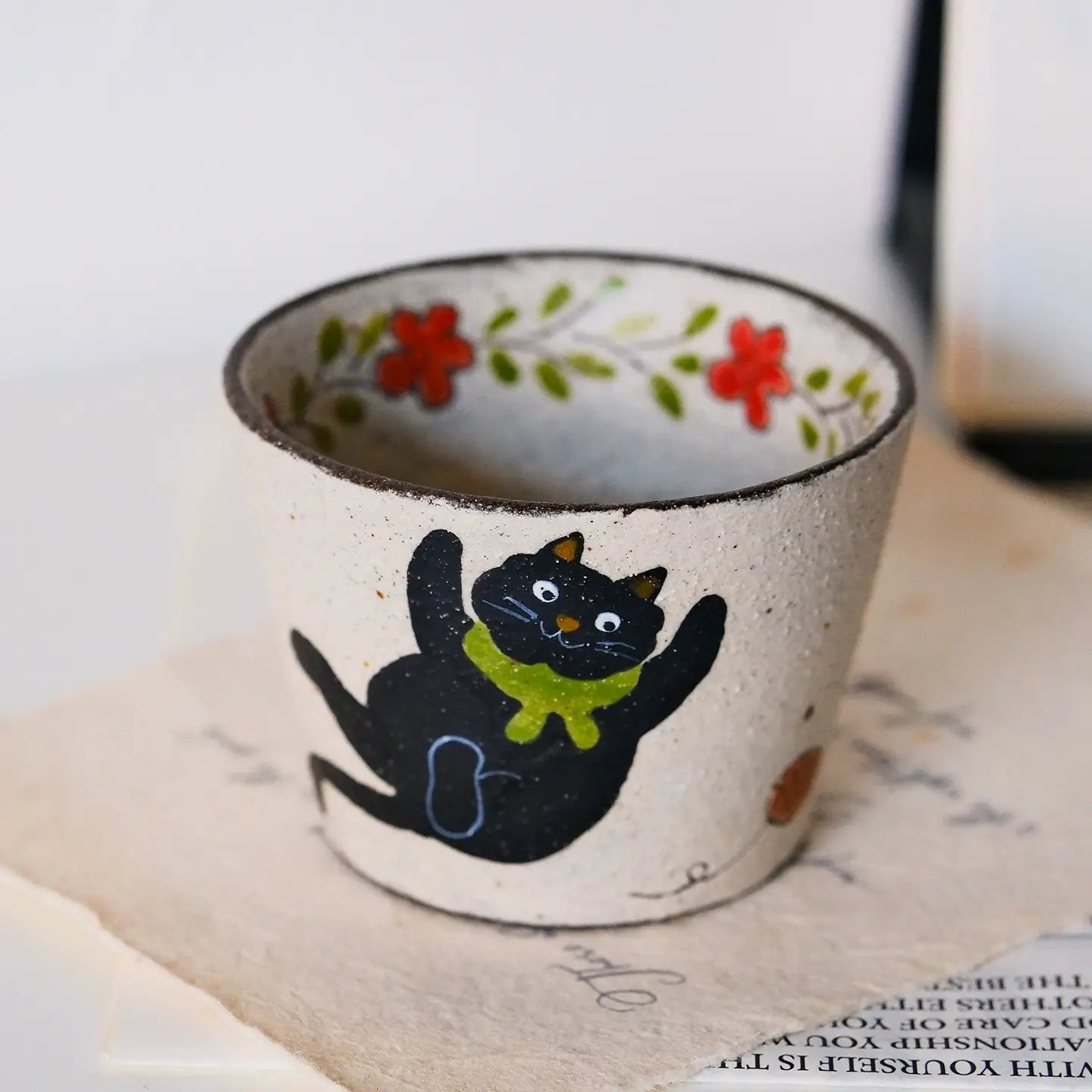 Handcrafted Black Cat Ceramic Cup / Mug — Vintage Brushwork & Textured Pottery