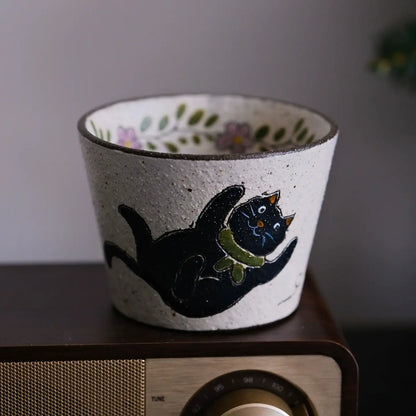 Handcrafted Black Cat Ceramic Cup / Mug — Vintage Brushwork & Textured Pottery
