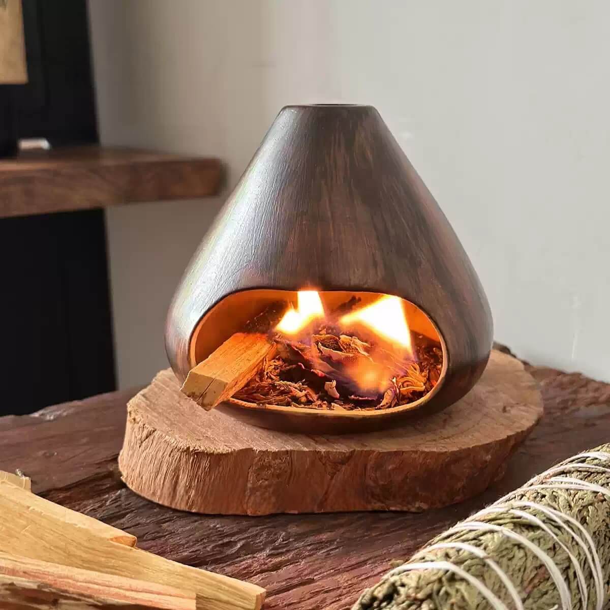 Handmade Wood-Texture Ceramic Incense Burner – Natural Fireplace Style