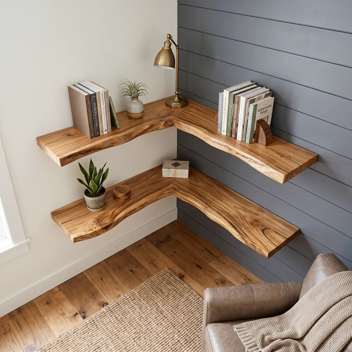 Live Edge Solid Wood L-Shaped Corner Floating Shelf
