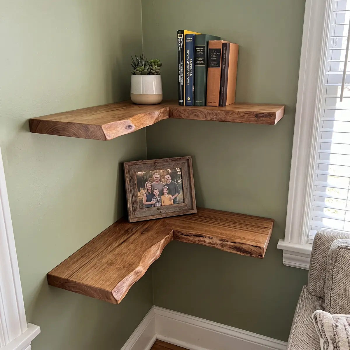 Live Edge Solid Wood L-Shaped Corner Floating Shelf