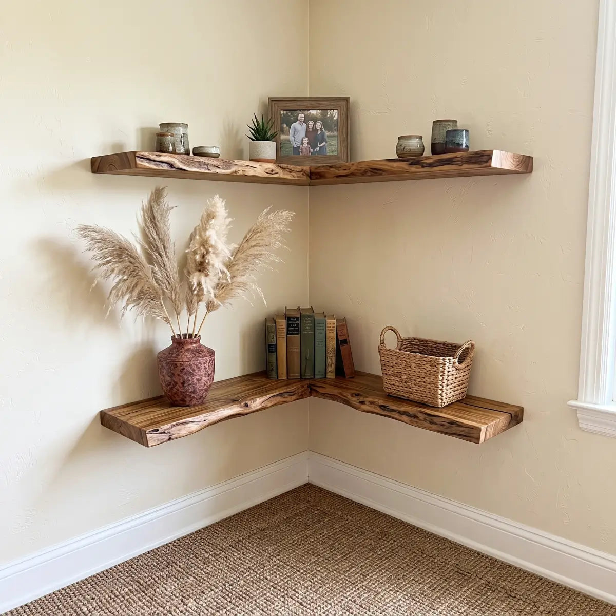 Live Edge Solid Wood L-Shaped Corner Floating Shelf