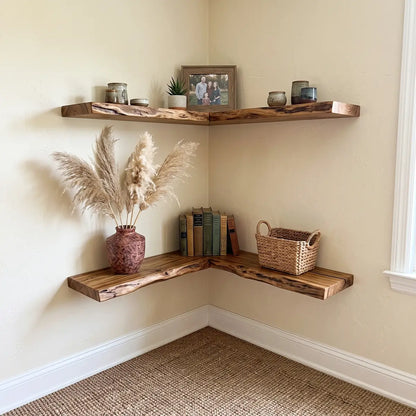 Live Edge Solid Wood L-Shaped Corner Floating Shelf