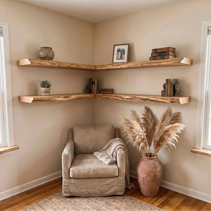 Live Edge Solid Wood L-Shaped Corner Floating Shelf