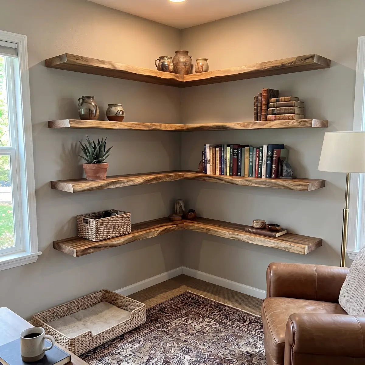 Live Edge Solid Wood L-Shaped Corner Floating Shelf