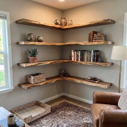 Live Edge Solid Wood L-Shaped Corner Floating Shelf