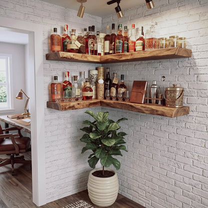 Live Edge Solid Wood L-Shaped Corner Floating Shelf
