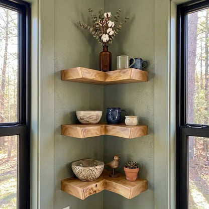 Live Edge Solid Wood L-Shaped Corner Floating Shelf