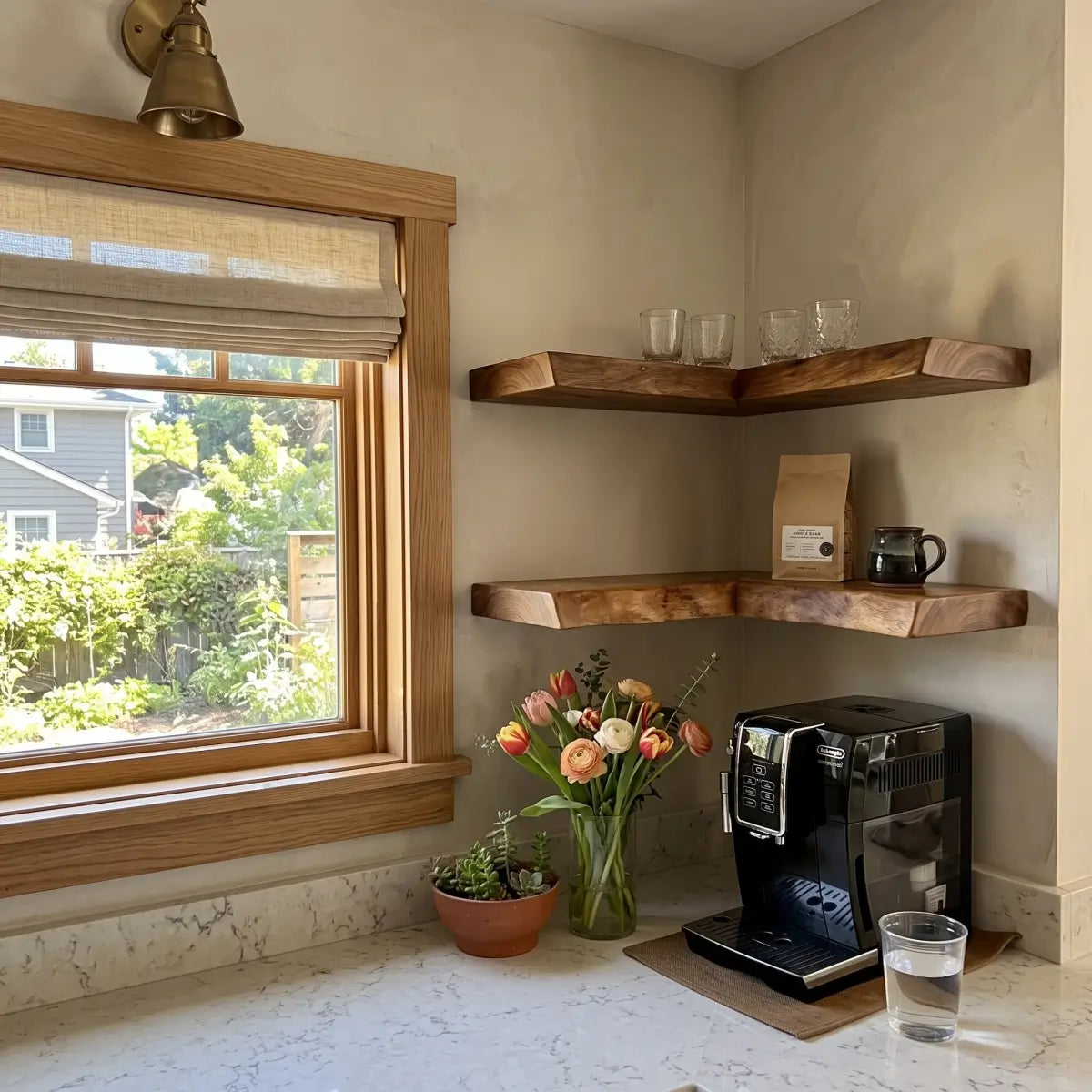 Live Edge Solid Wood L-Shaped Corner Floating Shelf